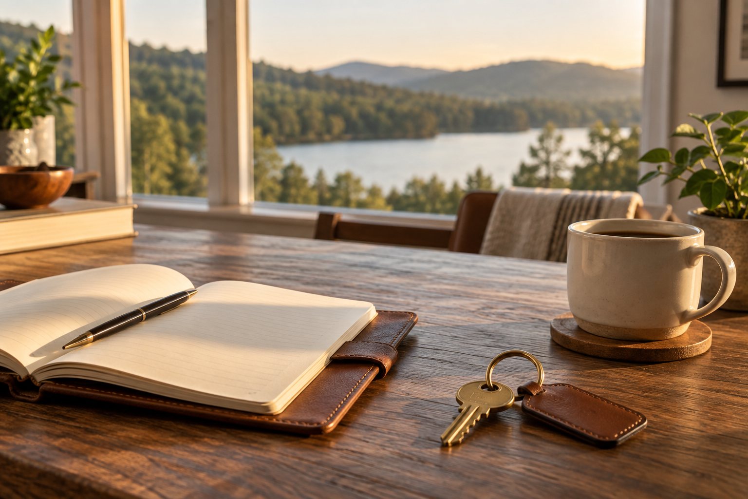 An open notebook and house keys on a desk, representing Lola Russell, Broker-In-Charge