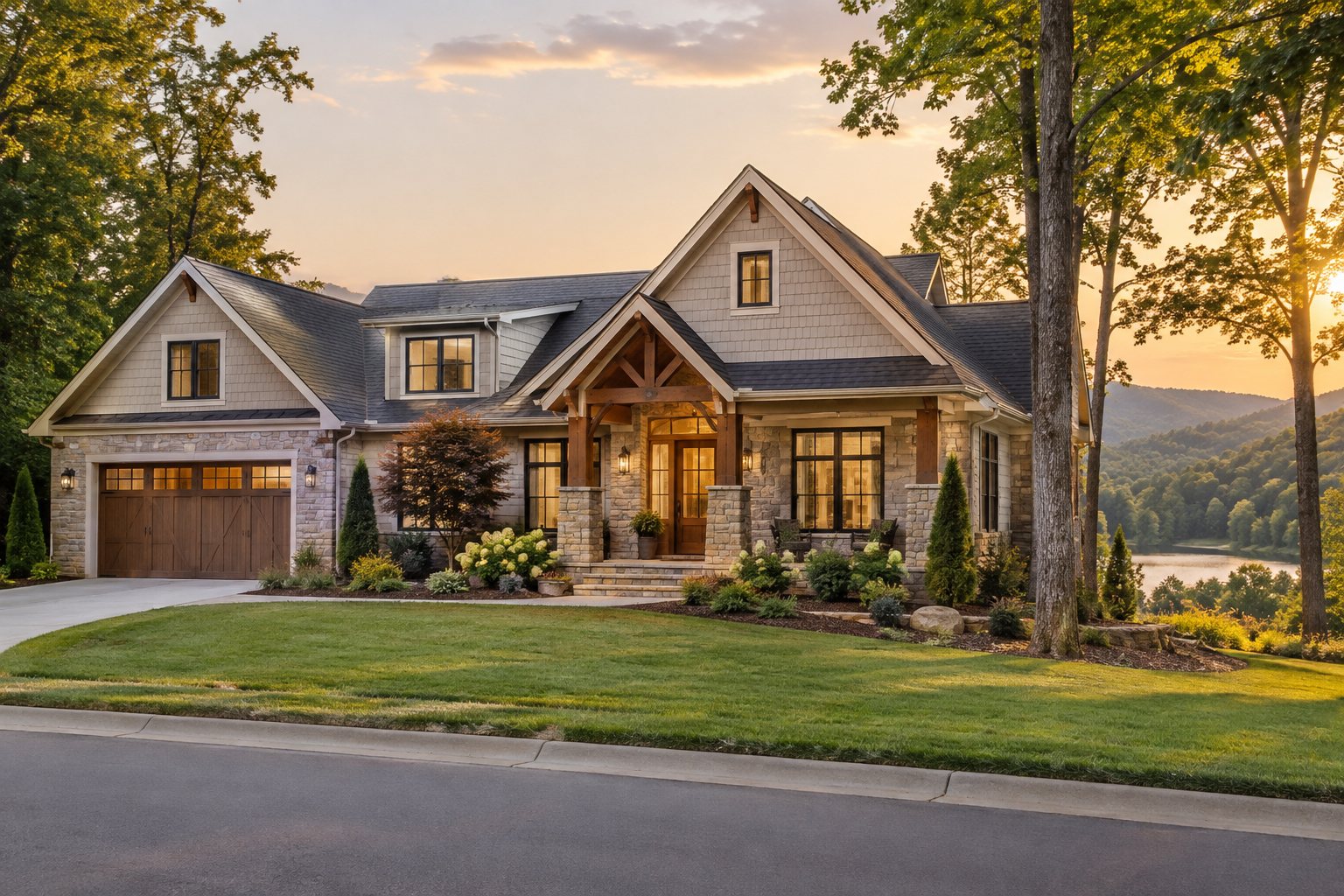 A Rutherford County foothills street at golden hour, illustrative