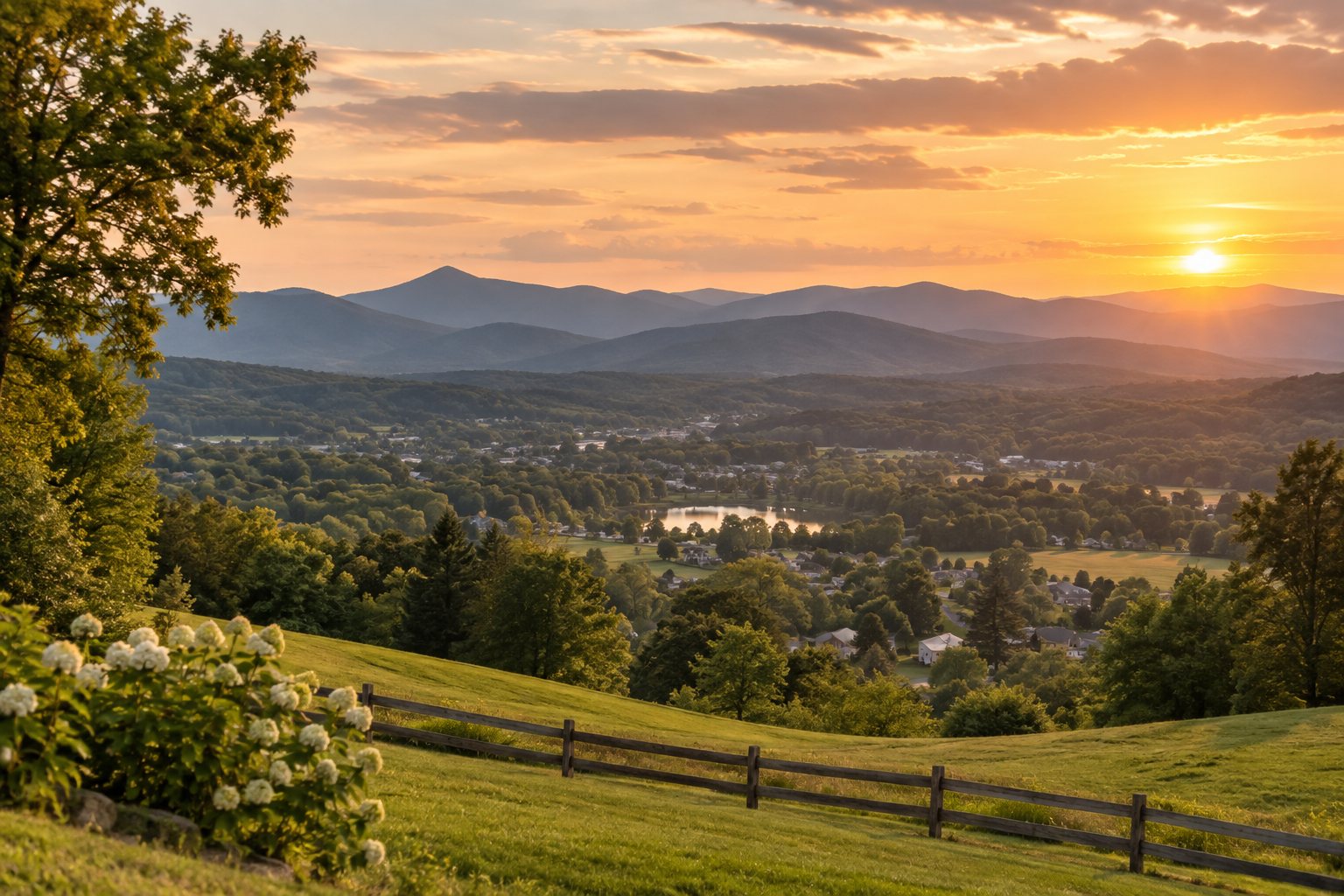 A Rutherfordton hillside at sunset, illustrative