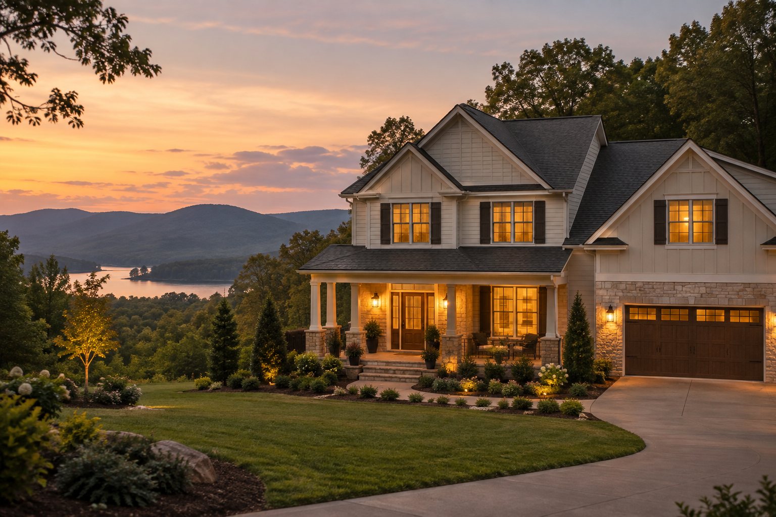 A Rutherford County home exterior at dusk, illustrative
